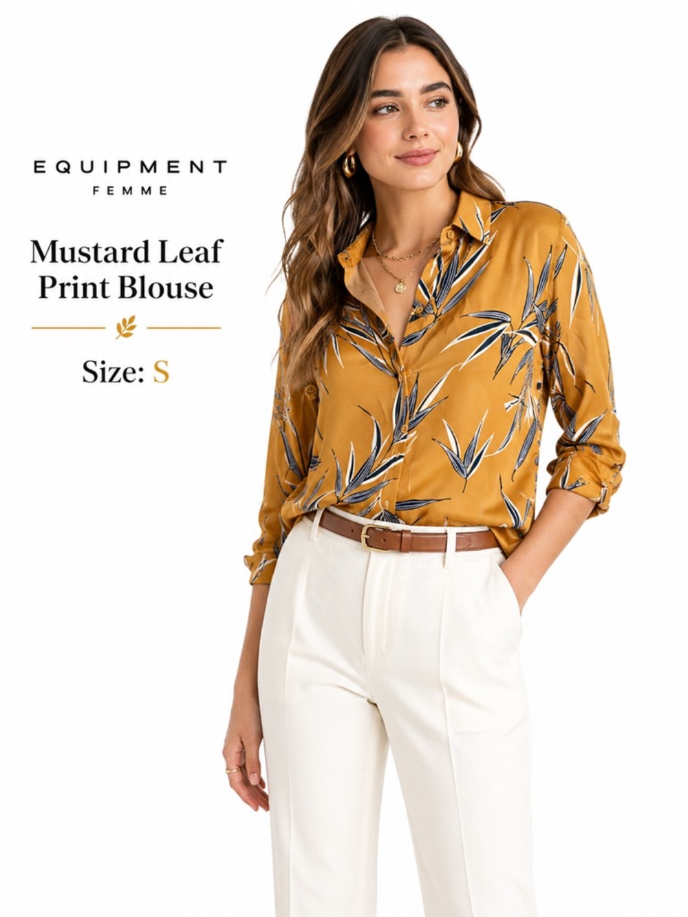 Equipment Femme Mustard Leaf Print Satin Finish Blouse Size S Like New